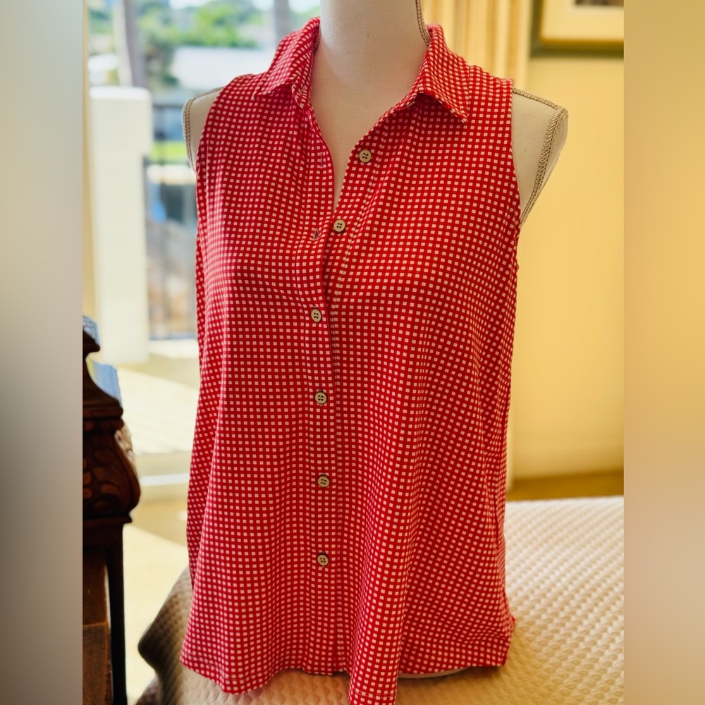 J. McLaughlin Red Checkered Sleeveless Stretch Blouse Small